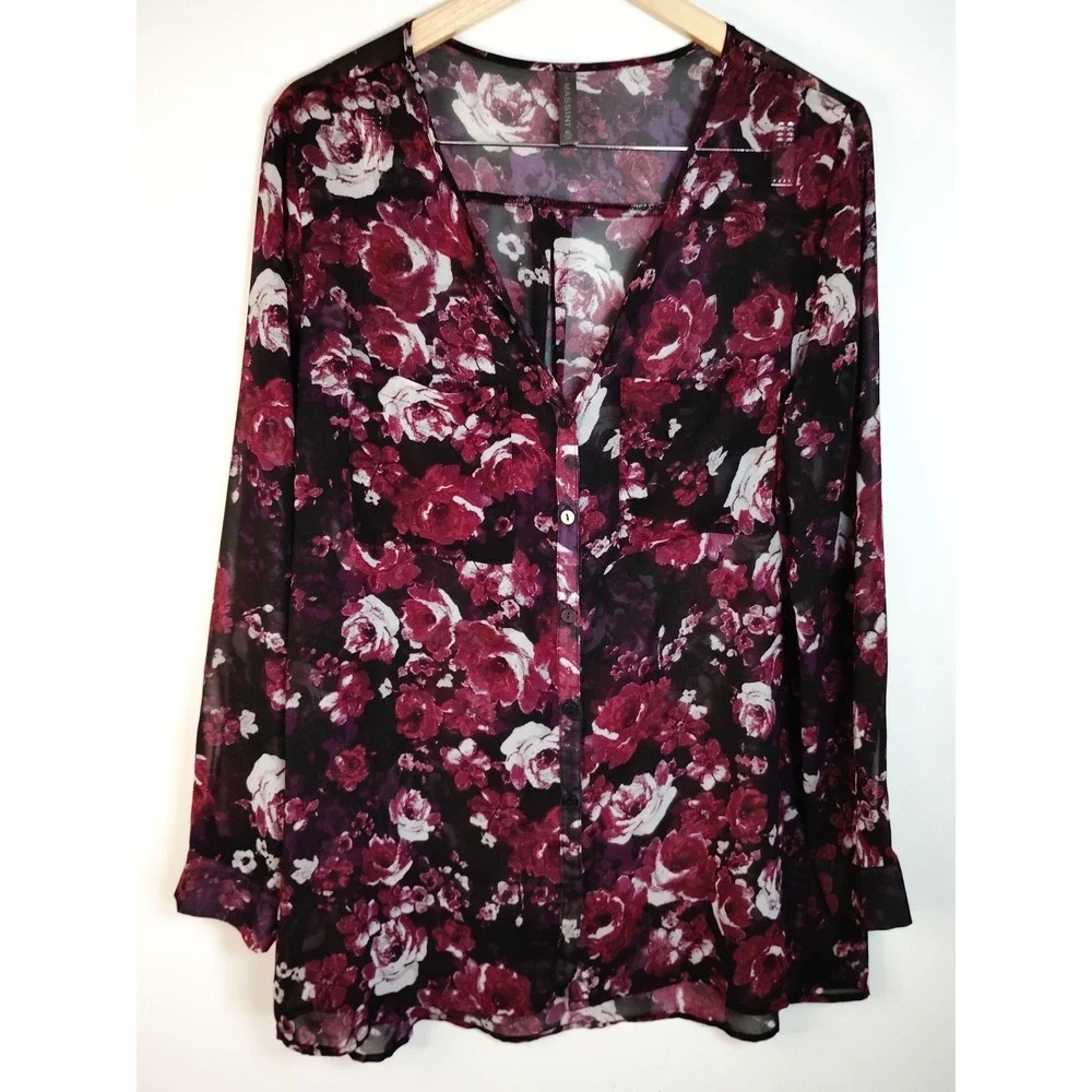 Black Floral Sheer Dark Romantic Academia Career Long Sleeve Y2K Blouse Women XL